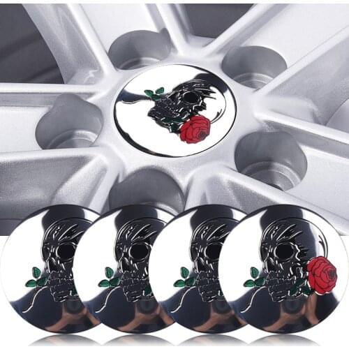 Car styling 4Pcs 56mm Cool Skull Roses Car Steering tire Wheel Center sticker Hub Cap Emblem Badge Decals Symbol accessories