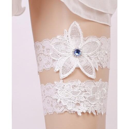 Wedding Garters Rhinestone White Lace Embroidery Flower Sexy Garters 2pcs set for Women/Bride Thigh Ring Bridal Leg Garter