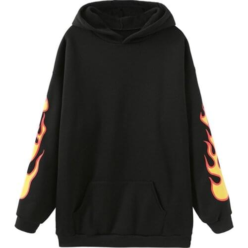 Focal20 Streetwear Flame Print Women Fleece Hoodies Loose Pocket Female Hooded Sweatshirt Tracksuit Warm Winter Lady Pullovers