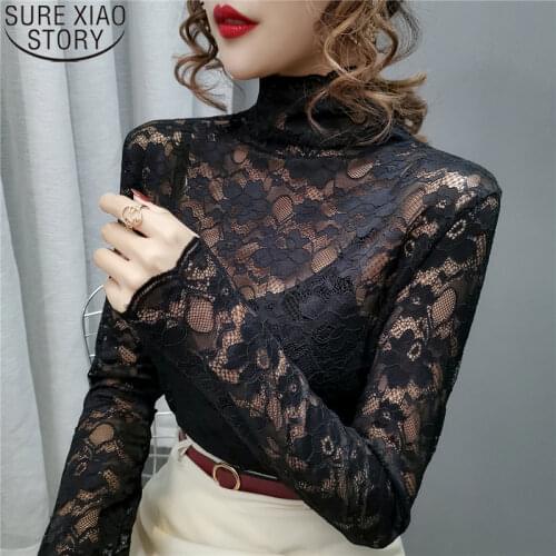 Sexy Hollow Out Tops Women Blouse Autumn Fashion Korean 5 Colors Lace Shirt Long Sleeve Turtleneck Blusas Mujer De Moda 10812