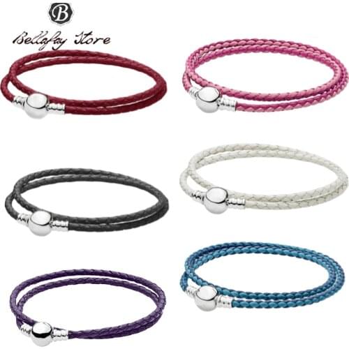 Real 925 Sterling Silver Pink Red Double Circle Leather Bracelet Fits Original Beads Charms Women DIY Jewelry Decoration Gift