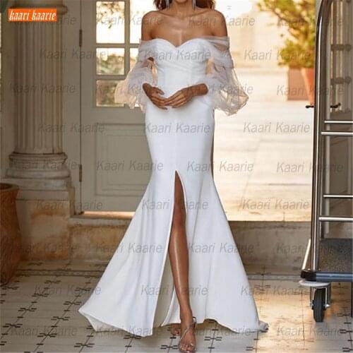Sexy Mermaid Wedding Dresses White 2021 robe de mariée Long Puff Sleeves Bridal Gowns Satin Slim Fit Customized vestido de noiva