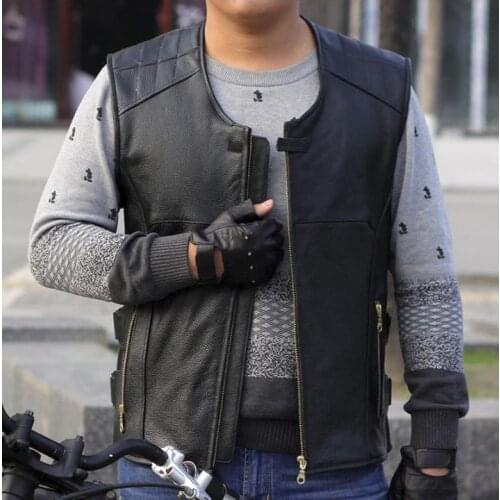 Genuine Mens Open Collar Biker Vest Motorcycle Sleeveless Jackets Handmade Vests Zipper thick Leather For Men