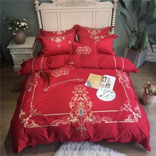 Red Golden Luxury 100S Egyptian cotton Embroidered Bedding sets Queen King Wedding Duvet cover Bed sheet set Pillowcases 4/6pcs