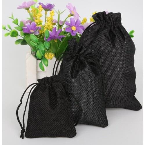 Wholesale Price Black Color Resuable Jute Linen Drawstring Pouch Packaging Gift Bag Logo Printed Jewelry Christmas Bag 5Pcs