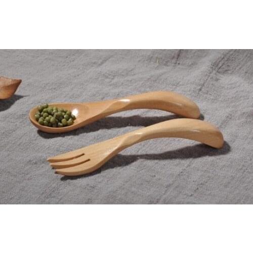 Free Shipping New Arrival Japanese Style Solid Wood Tableware Cute Wooden Spoon Fork for Children