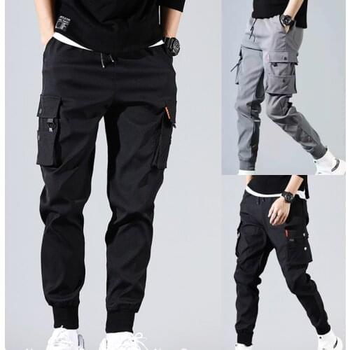 Men Pants multiple pockets elastic waist drawstring Solid Color Thin Male Cargo Pants Beam Feet Hip Hop Casual Outdoor Joggers