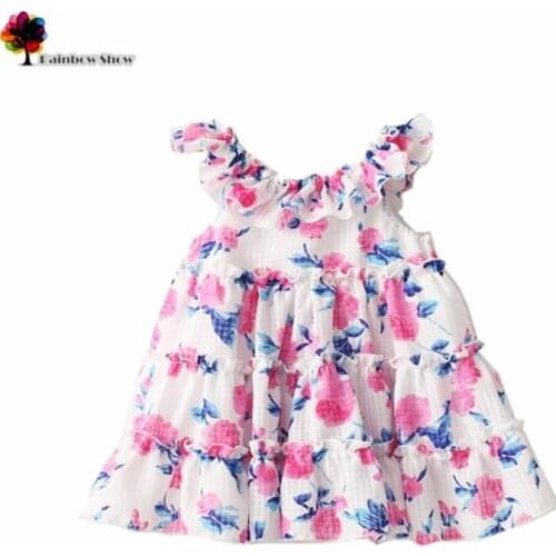 New Children Clothing Summer Girls Elegant Lovely Florals Printed Organza Cotton Off-the-Shoulder Neck Dress Kids Ball Gown