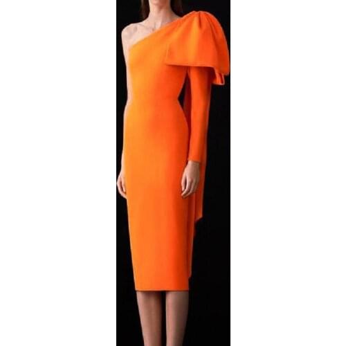 HQBORY 2020 New Spring Orange Bowknot Long Elegant Bandage Dresses Sexy One Shoulder Split Club Party Dress Midi Bandage Dress