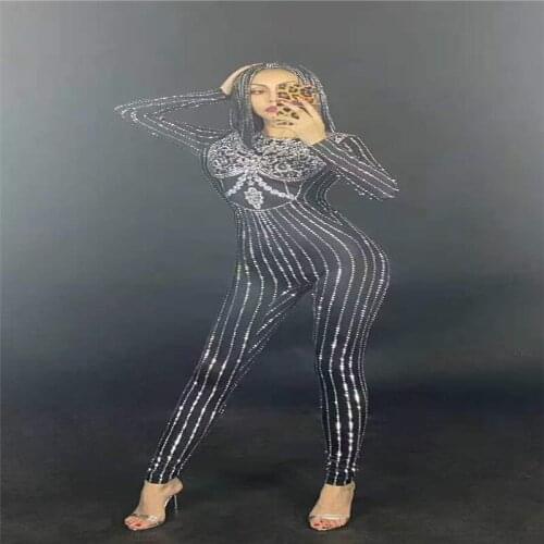 H146 Jumpsuit Long Sleeves Drilling Chain Sexy Costume Catwalk Pearls Singer Dancer Elastic Stretched Diamond Tight Show Party