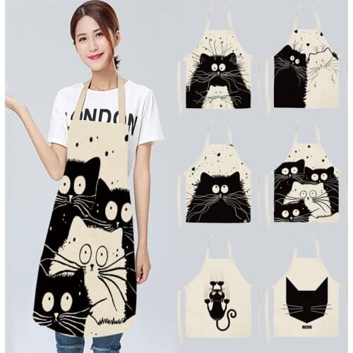 Cute Cat Printed Kitchen Cooking Baking Aprons Woman Sleeveless Cotton Linen Aprons Cleaning Tools Bibs Kitchen Accessories