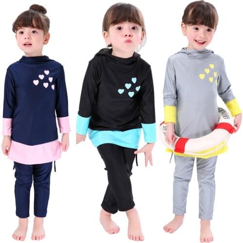 Girls Muslim Swimwears Islamic Children Two-piece Swimsuits Long Sleeve Arab Islam Swimming Suits Heart Beach Wear