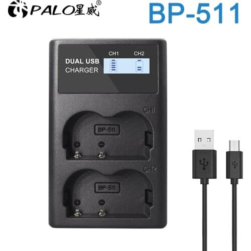 PALO 100% Original BP-511 BP 511 BP511 BP511A Battery LCD USB Charger for Canon EOS 40D 300D 5D 20D 30D 50D