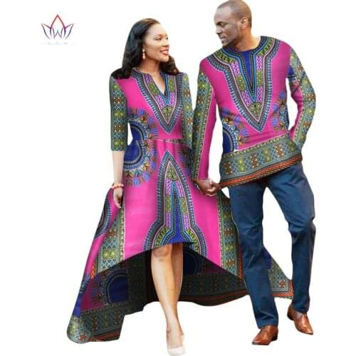 Couple for Lovers African Dress Women Mrs Men Shirt Long Sleeve Couple Dashiki Dress 2 Pcs Set Women Dress and Men Shirt WYQ05