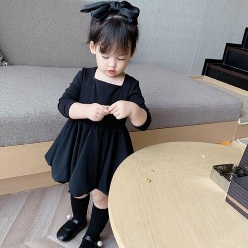 Girls Dress Autumn Winter Korean Style Baby Kids Dress Square Neck Black Party Dress Cute Children Clothing Princess Dress