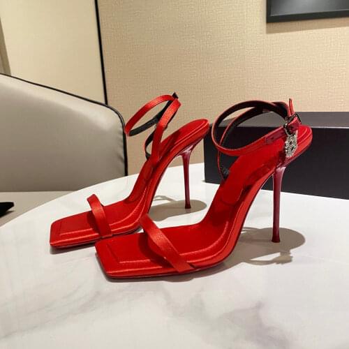 10cm Casual Designer fashion women shoes real leather black satin crystal high heels slingback sandalias de las mujeres mujer