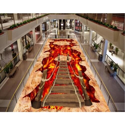 PVC Floor Sticker Painting Murals Modern Custom 3D Floor Mural Living Room Volcanic Magma Suspension Wooden Bridge 3D Floor