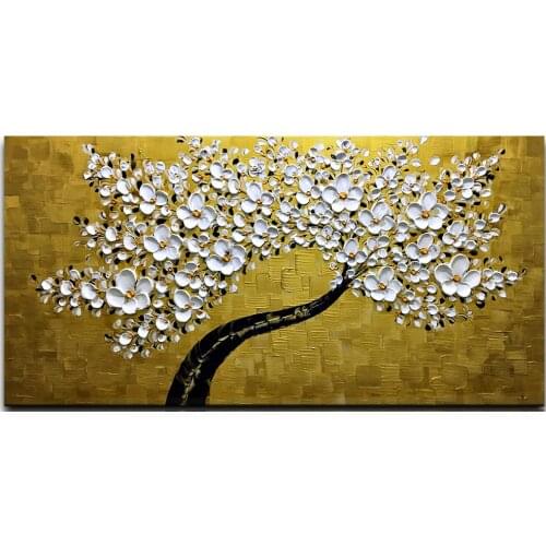 Hand Painted Golden White Flowers Oil Painting Framed Modern Canvas Wall Art Oil Canvas for Living Room Abstract Artwork Unframe