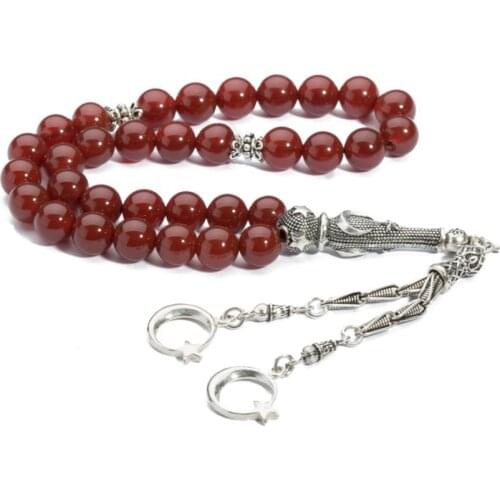Silver Red Agate Gemstone Prayer Rosary Men Sphere Cut Rosary With Silver Tassel Turkish Tasbih Crescent Star Model Tassel