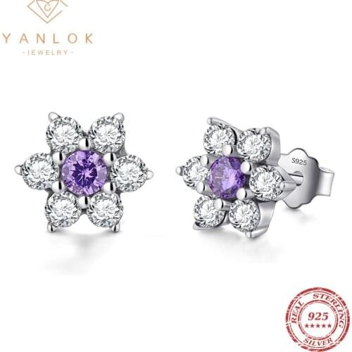 YANLOK Authentic 925 Sterling Silver Dazzling Flower Stud Earrings With Clear CZ Fine Luxury Jewelry ANNIVERSARY SALE 2022