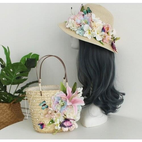Flower Straw Bags for Women 2021 Luxury Woven Handbags Butterfly Bucket Bag Fashion Totes for Ladies Beach Bags with Sun Hat