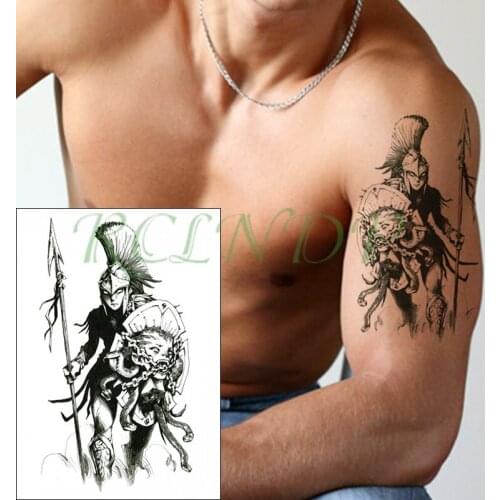 Waterproof Temporary Tattoo Sticker warrior holding a spear and shield Fake Tatto Flash Tatoo big size tattoos for kid Women Men