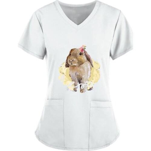 2021 Women Blouse Short Sleeve V-neck Scrubs Tops Working Uniform Easter Bunny Print Pocket Blouse Pocket Casual Nurse Clothes