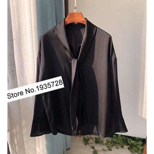 Women Silk V Neck Ribbon Neck Ties Long Sleeve Solid Blouse Shirt - Ladies White/Black/Caramel/Blue/Green Top On Sale