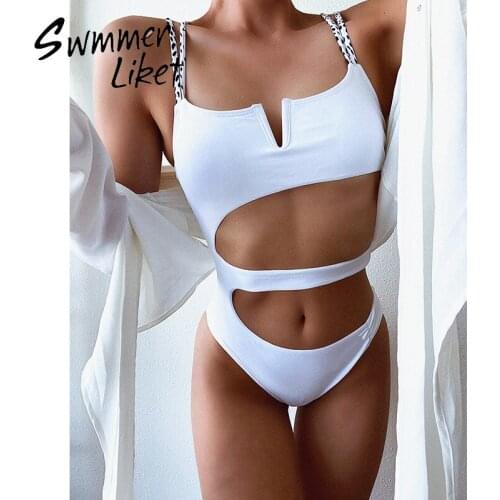 Hollow out one piece swimsuit women Bandeau swimwear female V-neck monokini Leopard shoulder strap bathing suit Sexy bodysuit