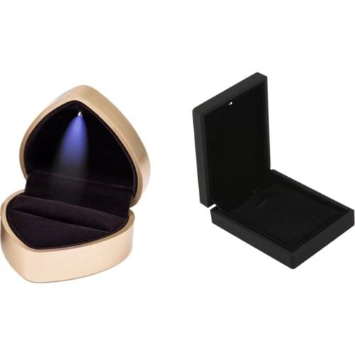 2PCS LED Lighted Necklace Box Rubber + Plush Pendant Case Black with Heart-Shaped LED Wedding Ring Box Gold