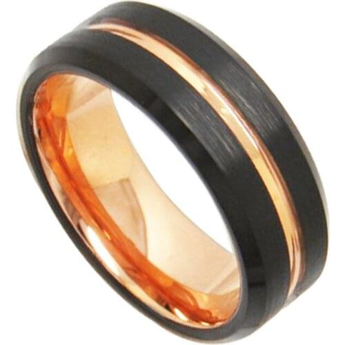 8mm Width Black Tungsten Cabide Engagement Ring for Couples Rose Gold Plating Groove Band Matte Finishing Size 6-13