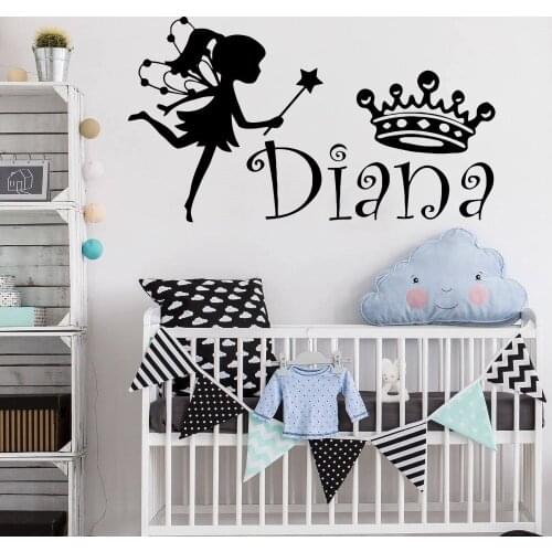 Free Shipping DIY Custom Name Girls Room Art Decor Wall Sticker Vinyl Faury Crown Wall Mural For Home Decoration Y-672