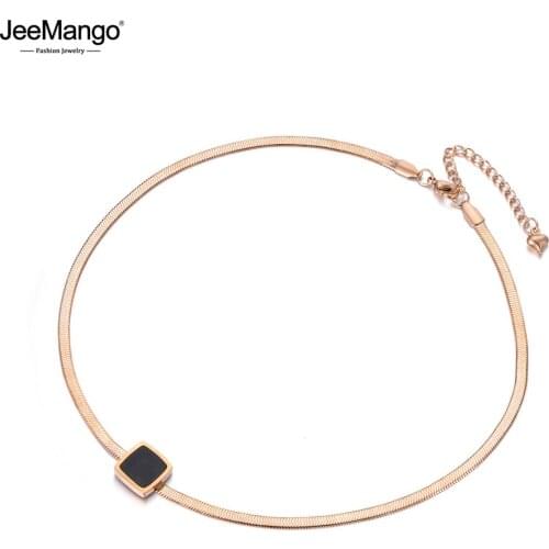 JeeMango New Arrival Sample Jewelry Titanium Steel Snake Chain Thin Necklace Rose Gold Color With Square Black Bbsidian JN18067