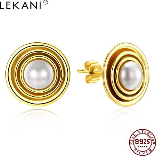 LEKANI 925 Sterling Silver Round Stud Earrings Gold Color Pearl Earrings For Women Anniversary Party Forever Fashion Jewelry