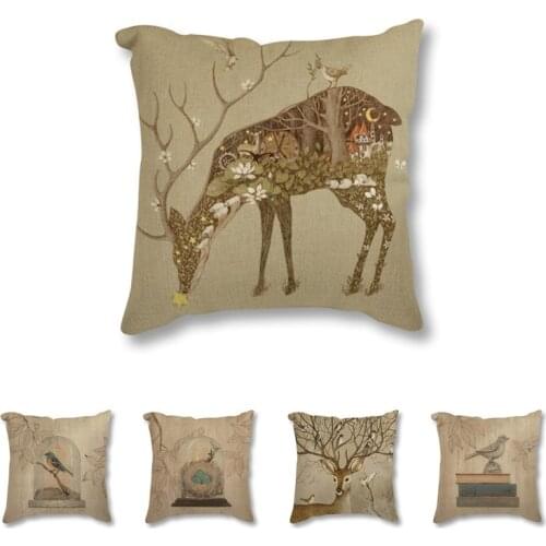 Deer Animal Linen Cushion Cover Sofa Car Christmas Decoration Throw Pillow Case Cover Flower Square Decorative Pillowcase 45x45