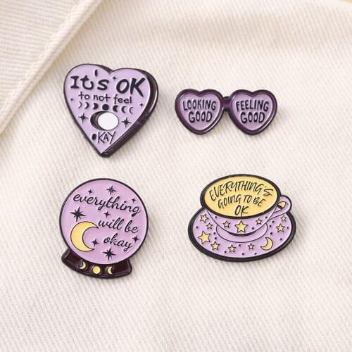 Cute Purple Heart Moon Phase Enamel Brooches For Women Girls Motivational Quotes Lapel Badge Pins Bag Hat Jewelry Gifts