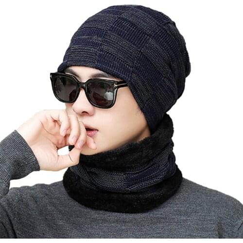 2pcs Fashion Ski Cap And Scarf Set Man Winter Warm Hat Knitted Skullies Beanies