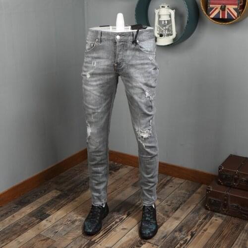 Italian Style Fashion Men Jeans Retro Gray Elastic Slim Fit Ripped Jeans Men Brand Vintage Designer Cotton Denim Punk Pants