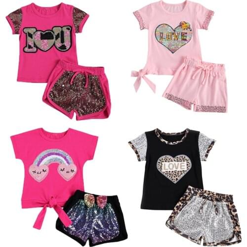 2-7Y Fashion Infant Baby Girls Clothes Sets 2pcs Sequined Letter Print Short Sleeve T Shirts Tops Bowknot Shorts 4 Style