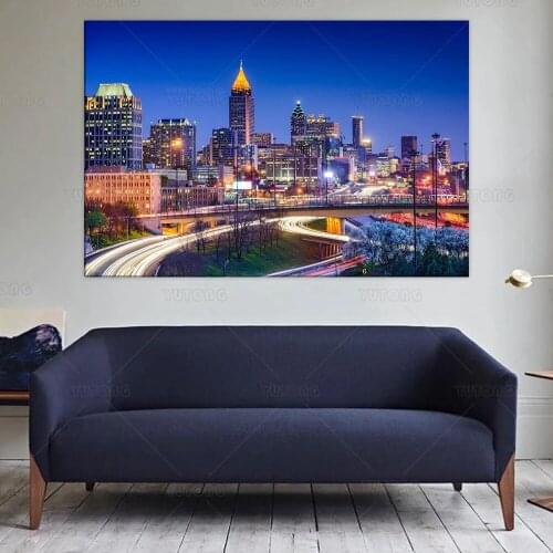 Atlanta Georgia Skyline Cityscape Illuminated at Night Landscape Photo Poster print canvas painting wall art home decor framed