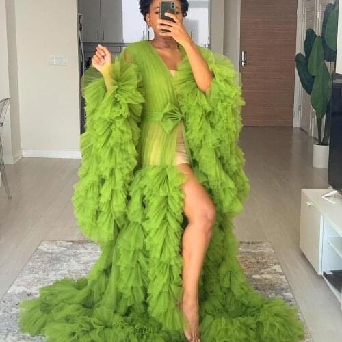 Mustard Green Lush Puffy Dress Tulle Robes Women Tulle Vestidos Photo Shoot Dress Front Split tulle maternity dress robe