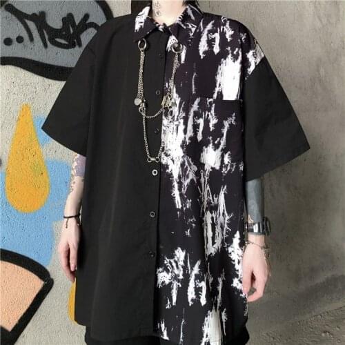 Punk shirt 2021 new summer Korean vintage tie-dye stitching chain top oversize short-sleeved top trend goth Harajuku streetwear