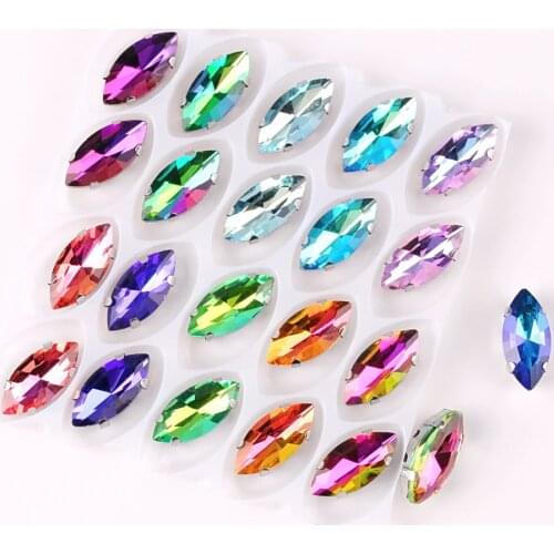 Navette shape Silver claw settings 20pcs/p Rainbow & jelly candy AB colors glass Crystal 7*15mm Sew on rhinestone bags diy trim