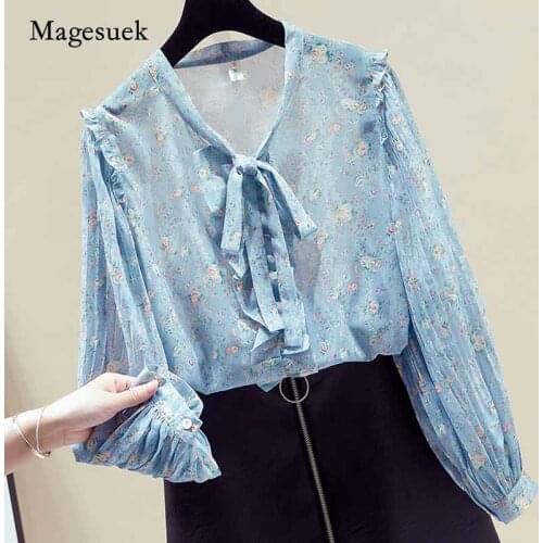 Ruffled Lace-up Chiffon Shirt Floral Blouse Womens Long Sleeve 2020 New Korean Style Sweet V-neck Shirt Elegant Blusas 11146