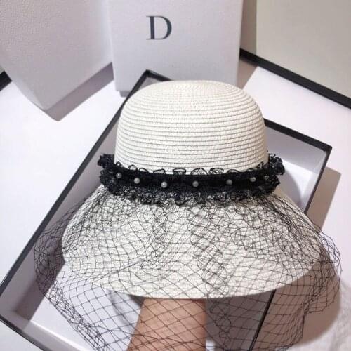 New French Elegant Sun Hats For Women Summer Wide Brim Beach Paper Straw Hat Korean Fashion Pearl Lace Basin Hat Chapeu Feminino