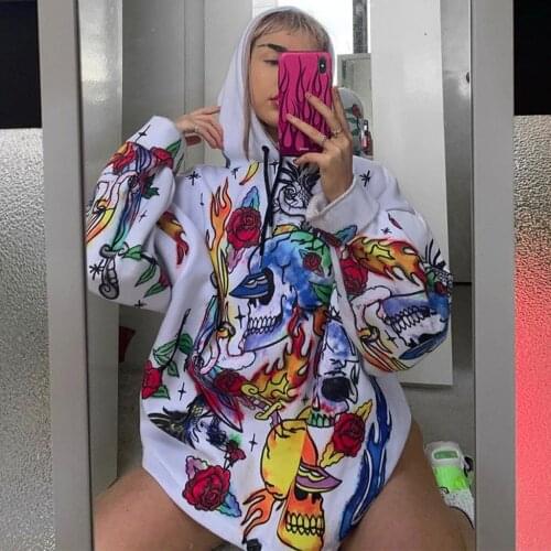 Oversized Hoodie For Women Men Winter Warm Clothes Halloween Style Skull Printed Loose Leisure Hoodie Hooded Pullover Coat Bluza