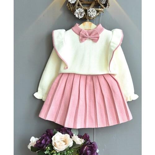 2021 Girls Knit Sweater Set Autumn Baby Oye Sleeve Jacket Pleated Half Dress Two-piece Set