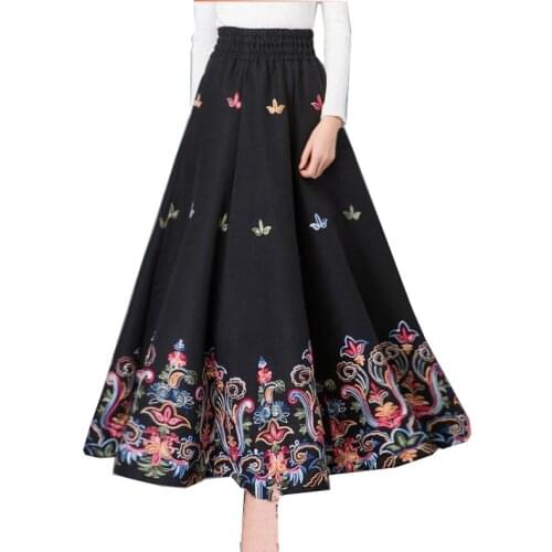 Womens Woolen Skirt Autumn Winter 2020 New Vintage Skirt Plus size High Waist Skirt Female A-line Embroidered Thicken Skirt 402