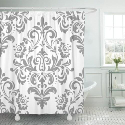 Pattern in The of Baroque Damask Gray and White Shower Curtain Waterproof Polyester Fabric 72 x 78 Inches with Hooks
