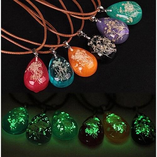 BLUELANS Women Luminous Dried Flower Resin Teardrop Pendant Rope Necklace Jewelry Gift stone pendant necklace подвески листья
